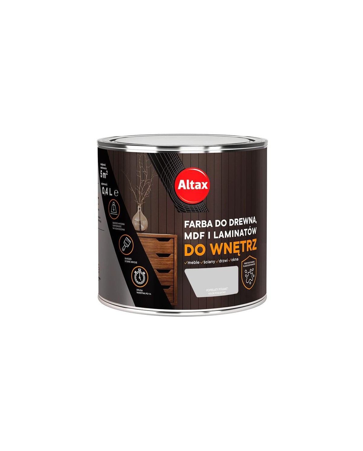 Farba do drewna i MDF 0,4 L popielaty ALTAX - Idealna do wnętrz Farba do drewna i MDF 0,4 L popielaty ALTAX - Idealna do wnętrz