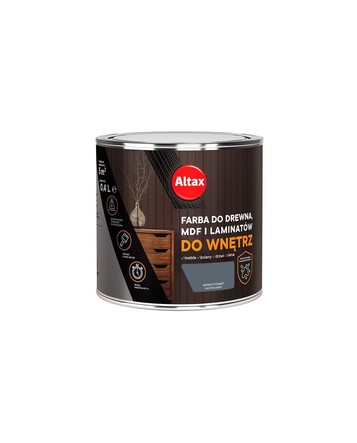 Farba do drewna i MDF 0,4 L antracyt ALTAX - idealna do wnętrz Farba do drewna i MDF 0,4 L antracyt ALTAX - idealna do wnętrz