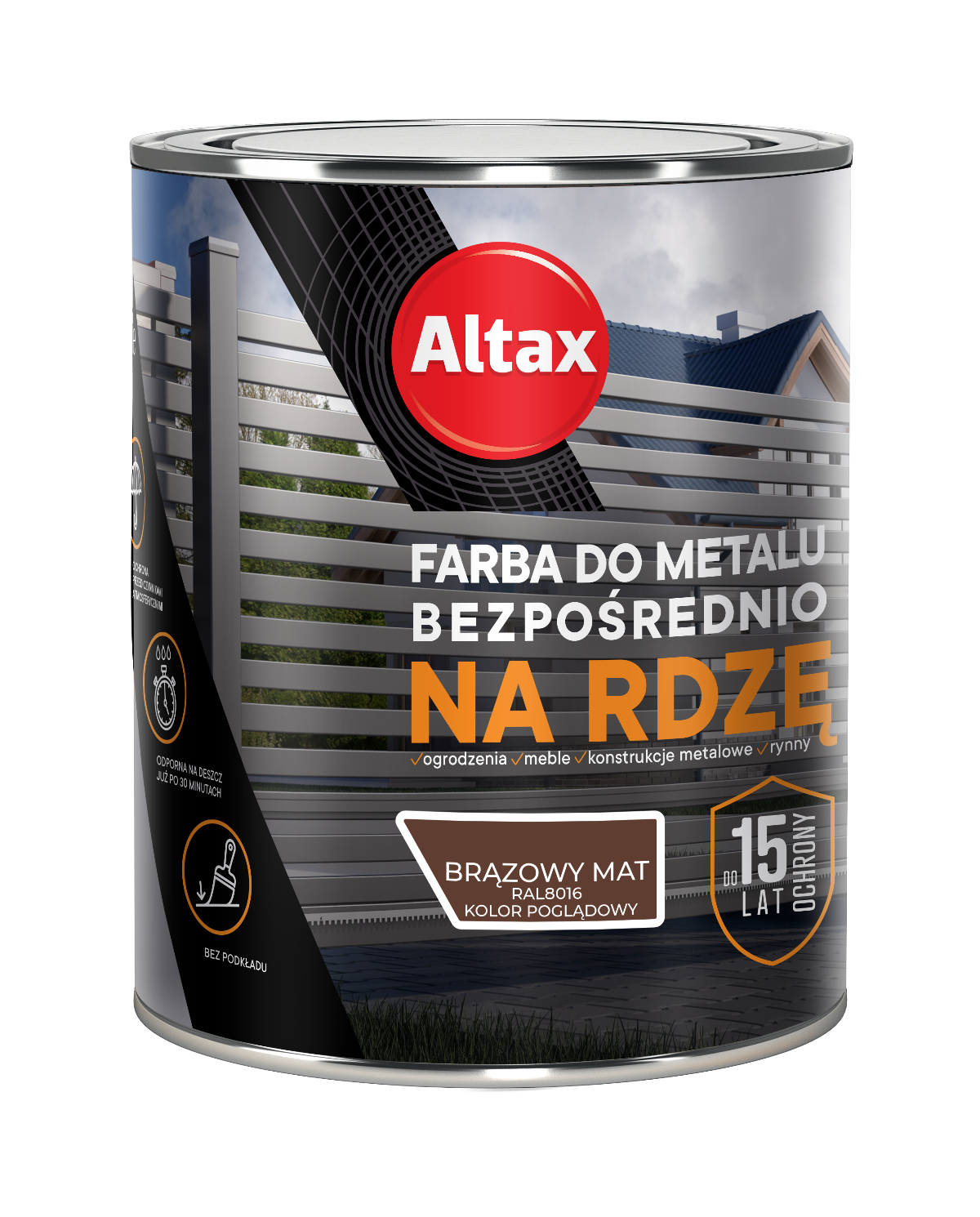 Farba do metalu na rdzę 0,75 L brąz mat ALTAX - trwała ochrona Farba do metalu na rdzę 0,75 L brąz mat ALTAX - trwała ochrona