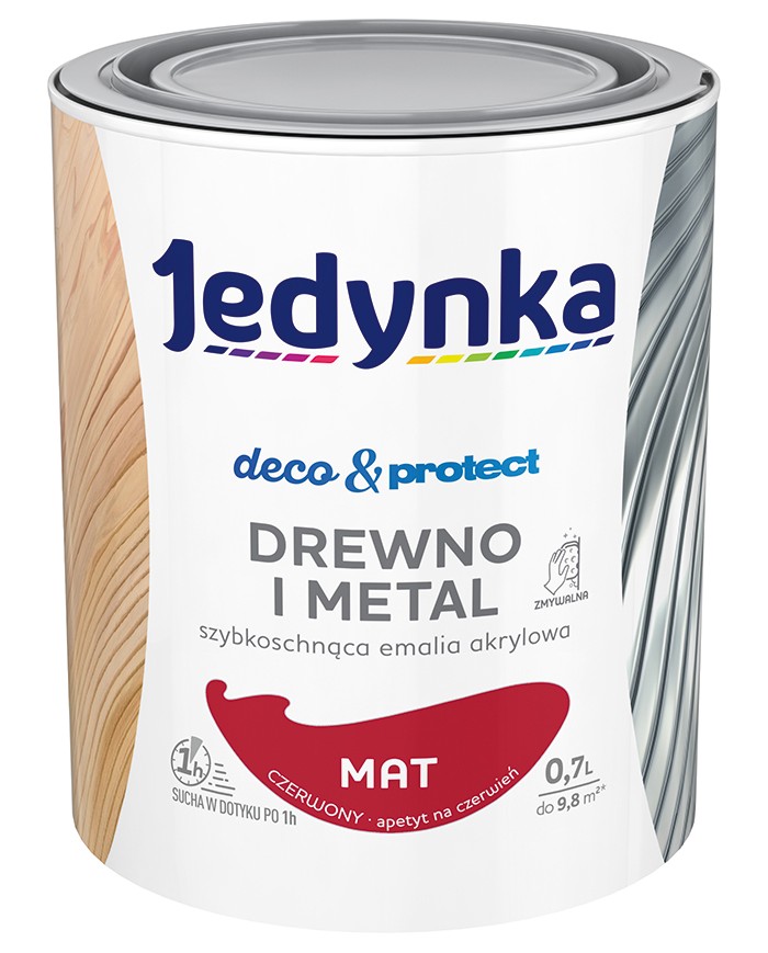 Jedynka Deco&Protect Drewno i Metal Mat Czerwony 0,7L - Farba Jedynka Deco&Protect Drewno i Metal Mat Czerwony 0,7L - Farba