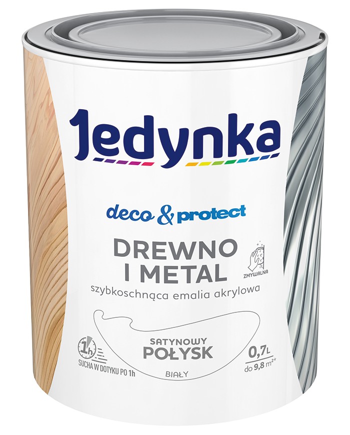 Jedynka Deco&Protect Drewno i Metal 0,7L Satynowy Połysk Biały Jedynka Deco&Protect Drewno i Metal 0,7L Satynowy Połysk Biały
