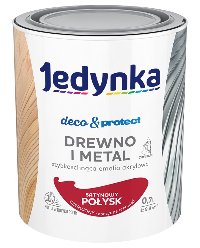 Jedynka Deco&Protect: Drewno i Metal Satynowy Połysk Czerwony 0,7L Jedynka Deco&Protect: Drewno i Metal Satynowy Połysk Czerwony 0,7L