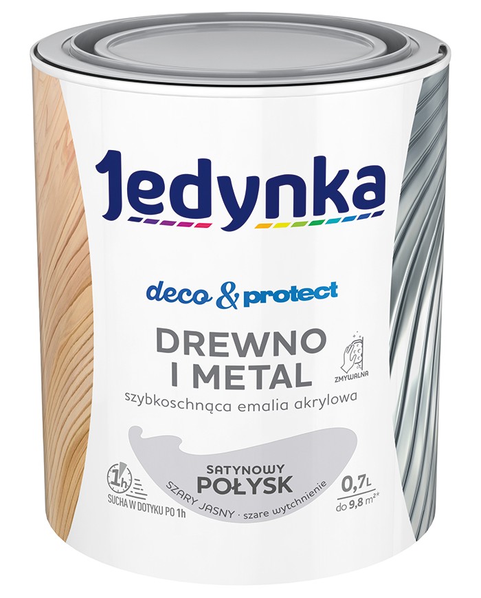 Jedynka Deco&Protect Drewno i Metal Szary Jasny 0,7L - Satynowy Połysk Jedynka Deco&Protect Drewno i Metal Szary Jasny 0,7L - Satynowy Połysk