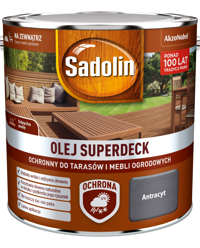 AKZO Sadolin Olej Superdeck Antracyt 2,5L - Najlepsza Ochrona Drewna AKZO Sadolin Olej Superdeck Antracyt 2,5L - Najlepsza Ochrona Drewna