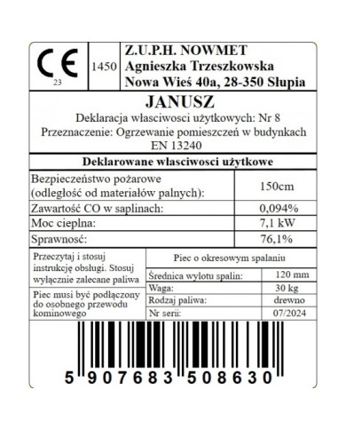 Piec szamotowy Janusz 7,1 kW - Wydajność i jakość w jednym