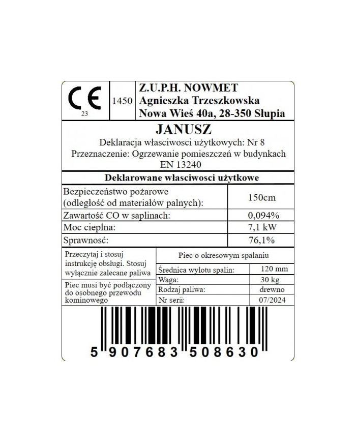 Piec szamotowy Janusz 7,1 kW - Wydajność i jakość w jednym