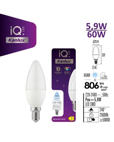 Żarówka LED E14 IQ-LED 5,9W 806lm 6500K zimna - Energooszczędna Żarówka LED E14 IQ-LED 5,9W 806lm 6500K zimna - Energooszczędna
