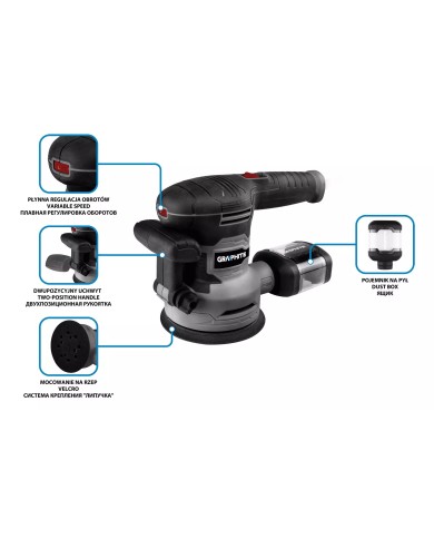 Szlifierka mimośrodowa 450W z walizką i tarczą 125/150 mm