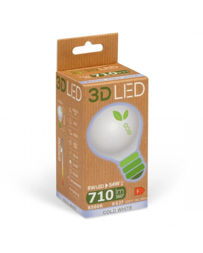 Żarówka LED 8W E27 Kulka 710lm Zimna 6500K - Energooszczędna!